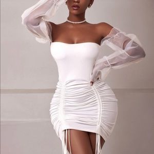 White ruched drawstring mini dress